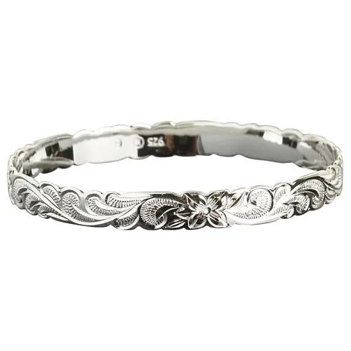 Hawaiian Sterling Silver Bangle Queen Scroll Engraving Cut Out Edge