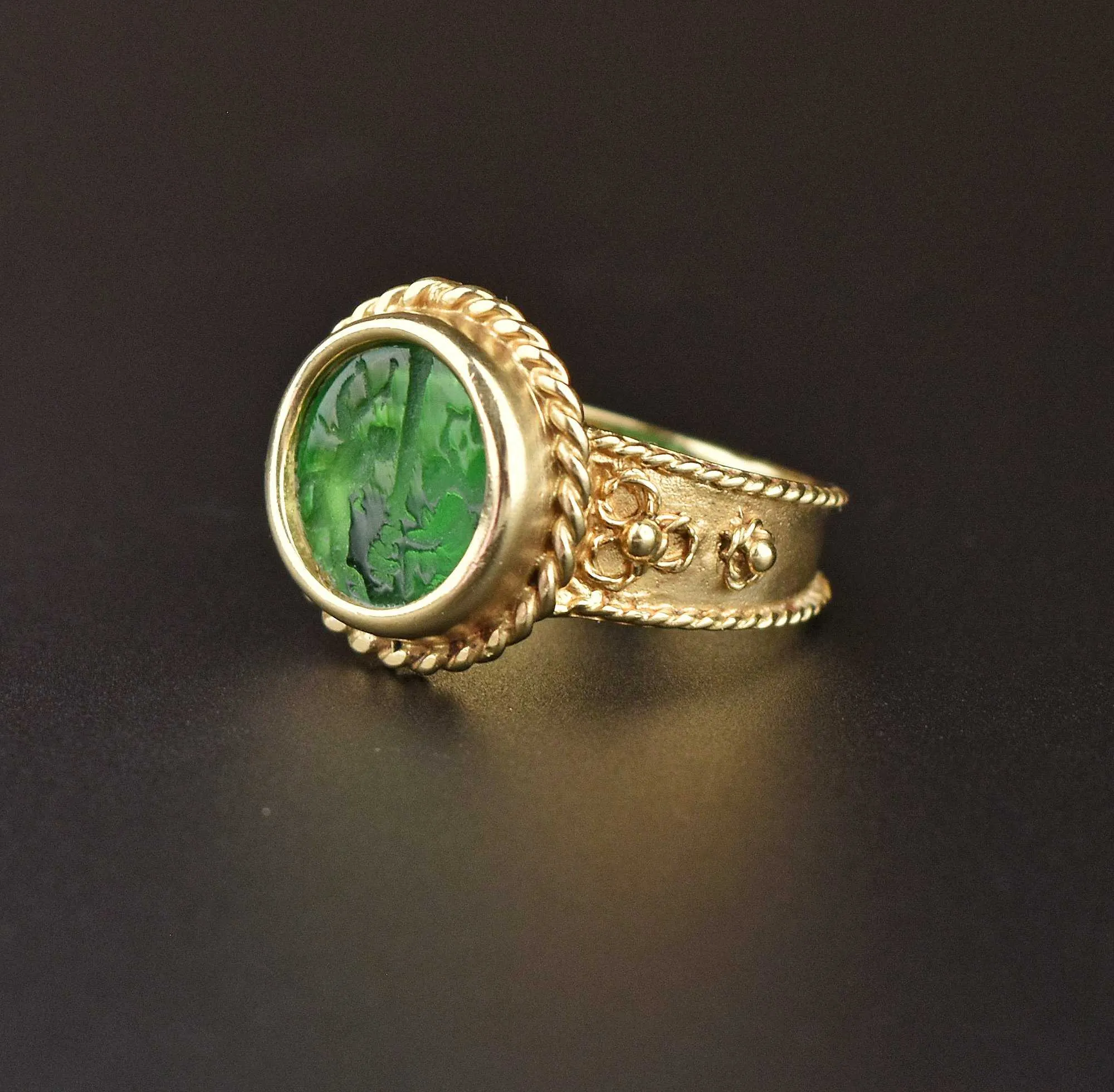 Italian 14K Gold Emerald Quartz Intaglio Ring - ON HOLD