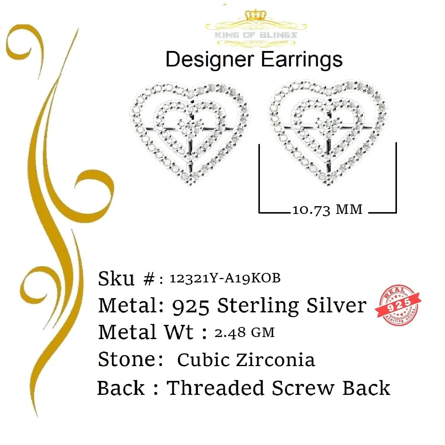 King of Bling's 1.07ct Cubic Zirconia 925 Yellow Silver Women's & Men's Hip Hop Heart Earrings