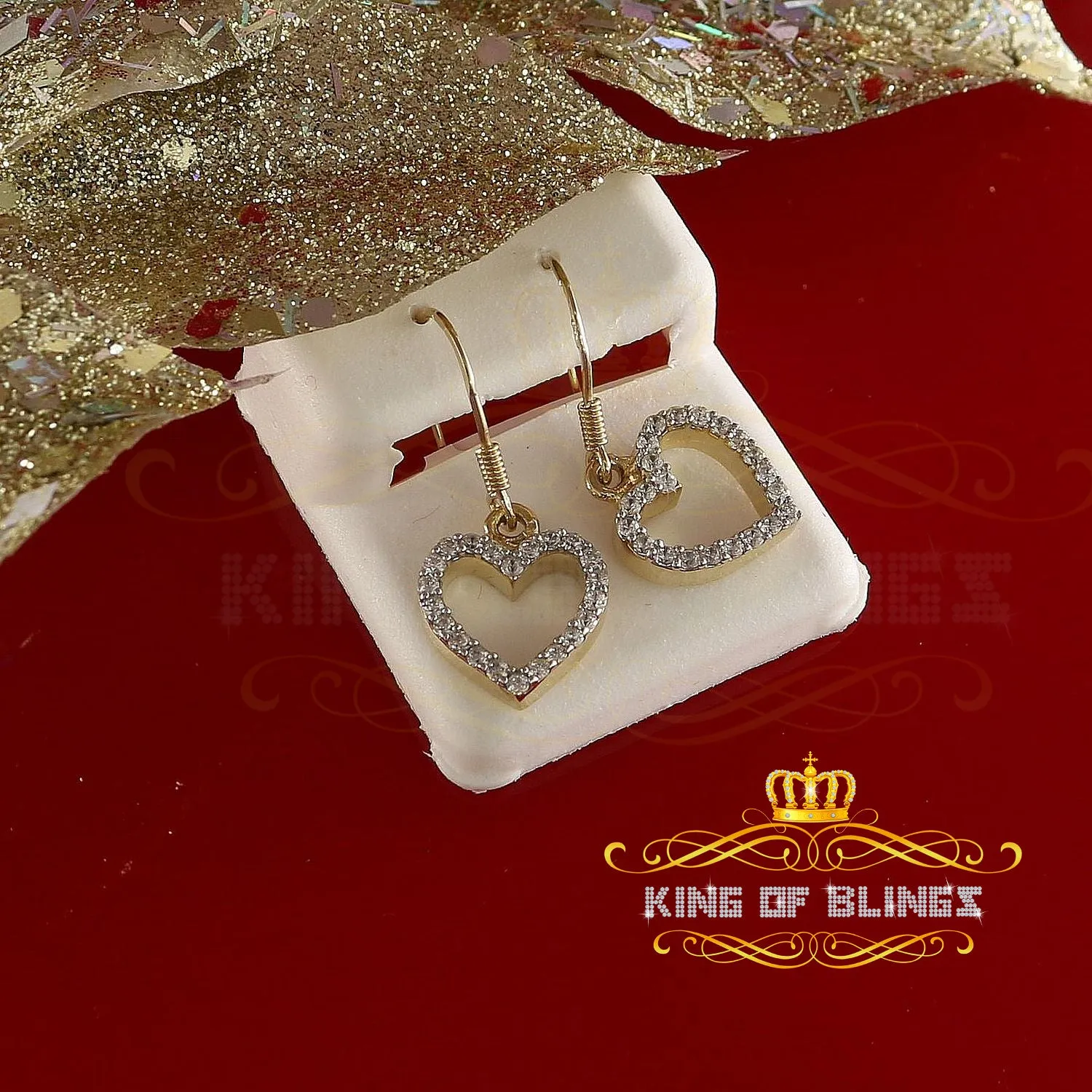 King of Bling's 925 Yellow Silver 0.88ct Cubic Zirconia For Women's Dangling Heart Stud Earrings