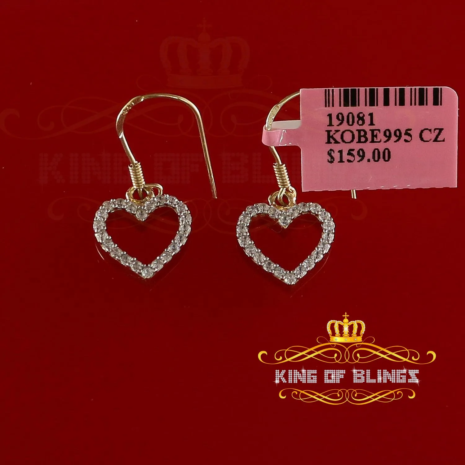 King of Bling's 925 Yellow Silver 0.88ct Cubic Zirconia For Women's Dangling Heart Stud Earrings