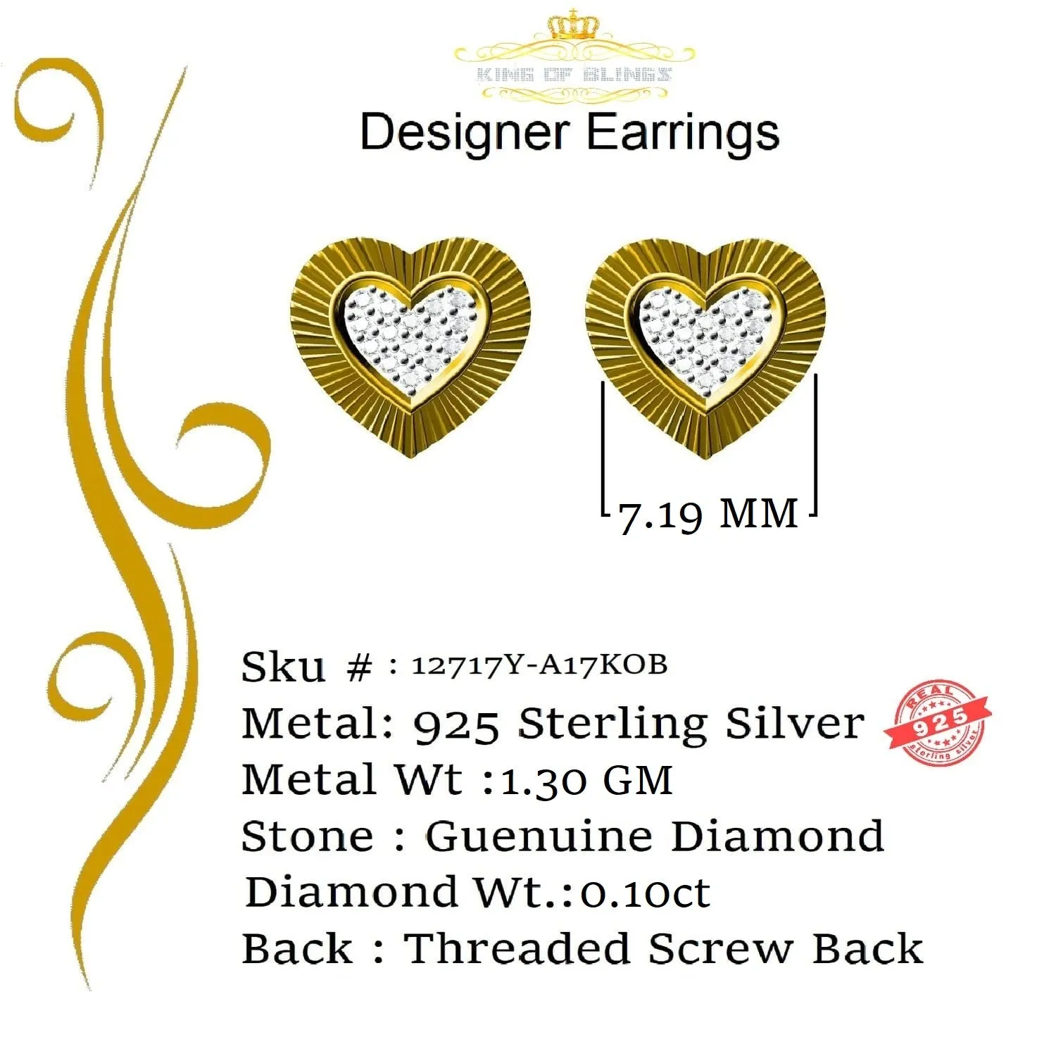 King of Blings-Aretes Para Hombre Heart 925 Yellow Silver 0.10ct Diamond Women & Men Earrings