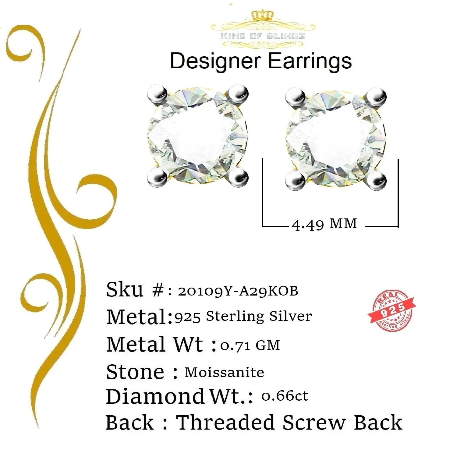 King  of Bling's Men's/Women's 925 silver Yellow 0.66ct VVS 'D' Color Moissanite Stud Earrings