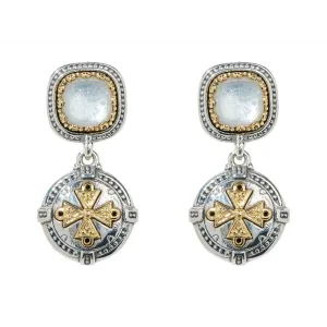 Konstantino Dome Silver and 18K Gold Crystal over Mother Of Pearl Doublet Etched Dangle Earrings