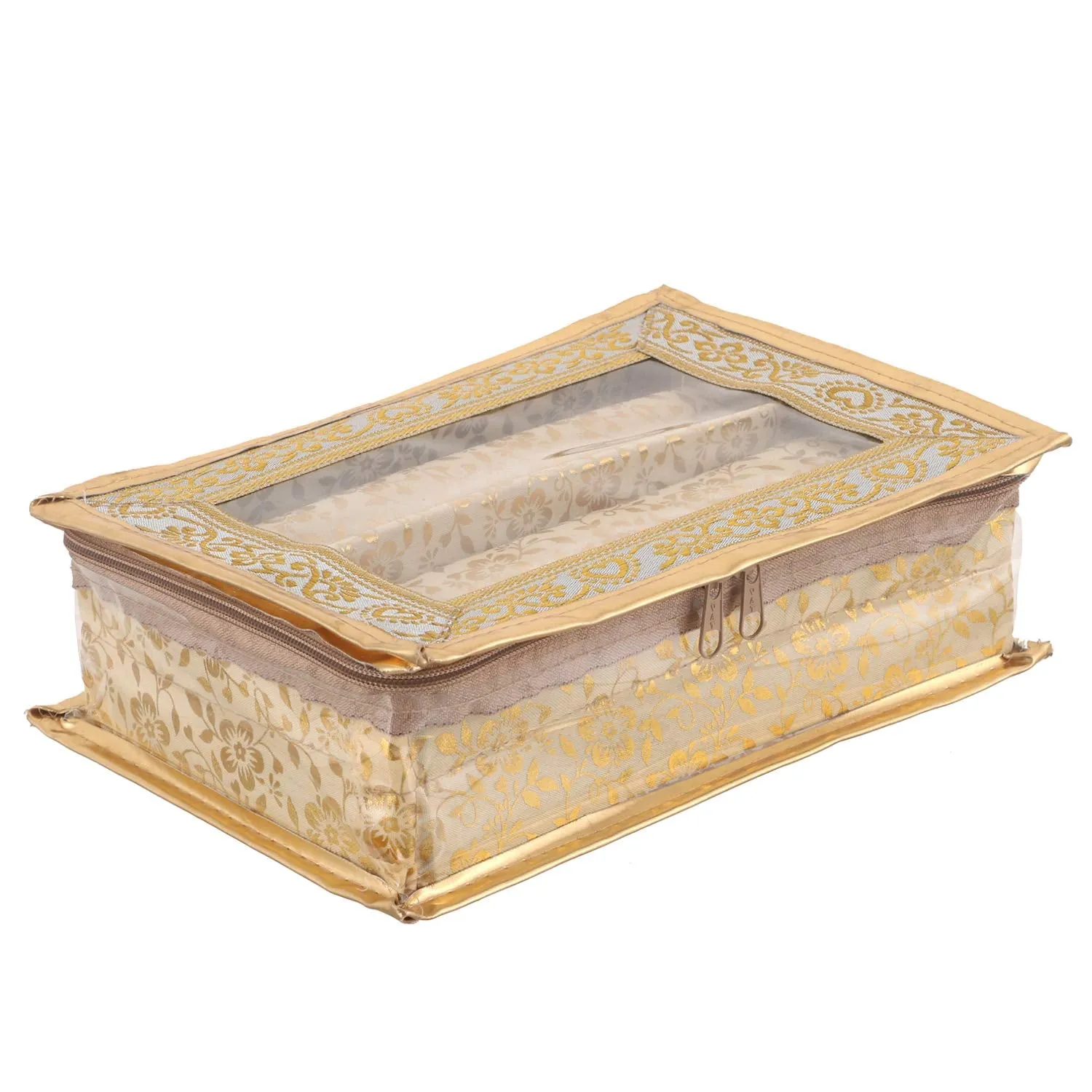 Kuber Industries Brocade Hardboard Two Rod Bangle Box (Gold)-CTKTC025684