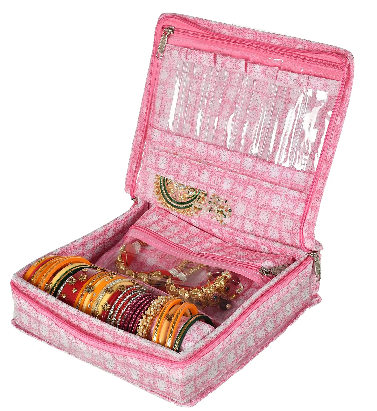 Kuber Industries Check Design Laminated PVC Jewellery Box/Organizer with 4 Transparent Pouch & 1 Bangle/Watch Rod (Pink)-HS_38_LUGGAGE21278, Pack of 1