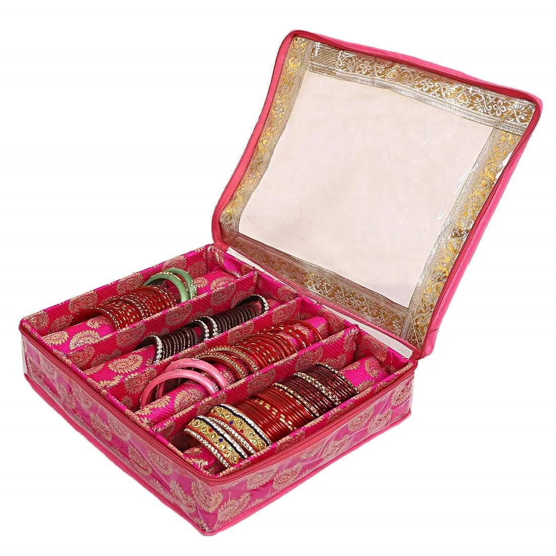 Kuber Industries Exclusive Carry Design Brocade Hardboard Four Rod Bangle Box (Pink) -CTLTC038797