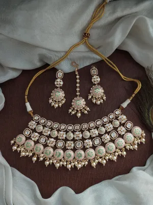 Kundan Bridal Choker Set with Pastel Mint and Baby Pink Meenakari Detailing