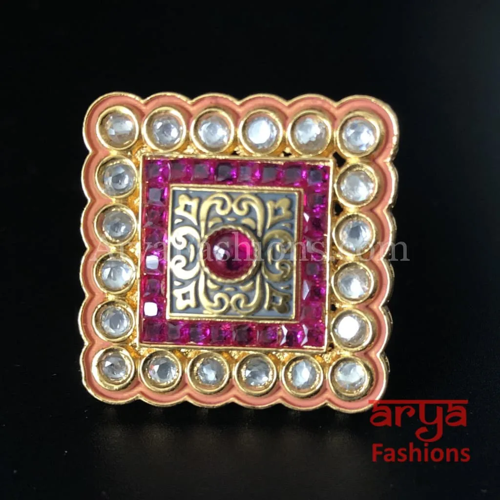 Kundan Pink Meenakari Jadau Ring