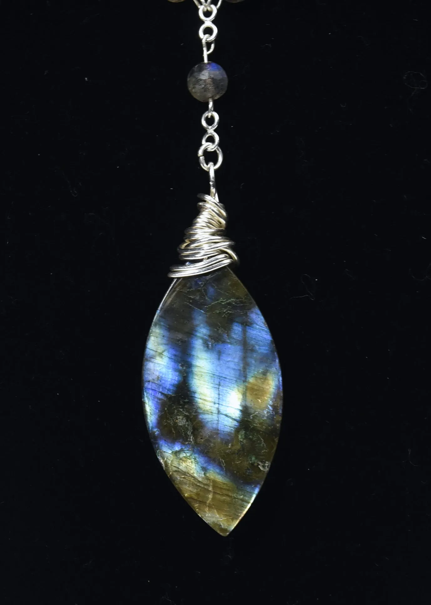 Labradorite Drop Pendant Sterling Silver Beaded Station Necklace