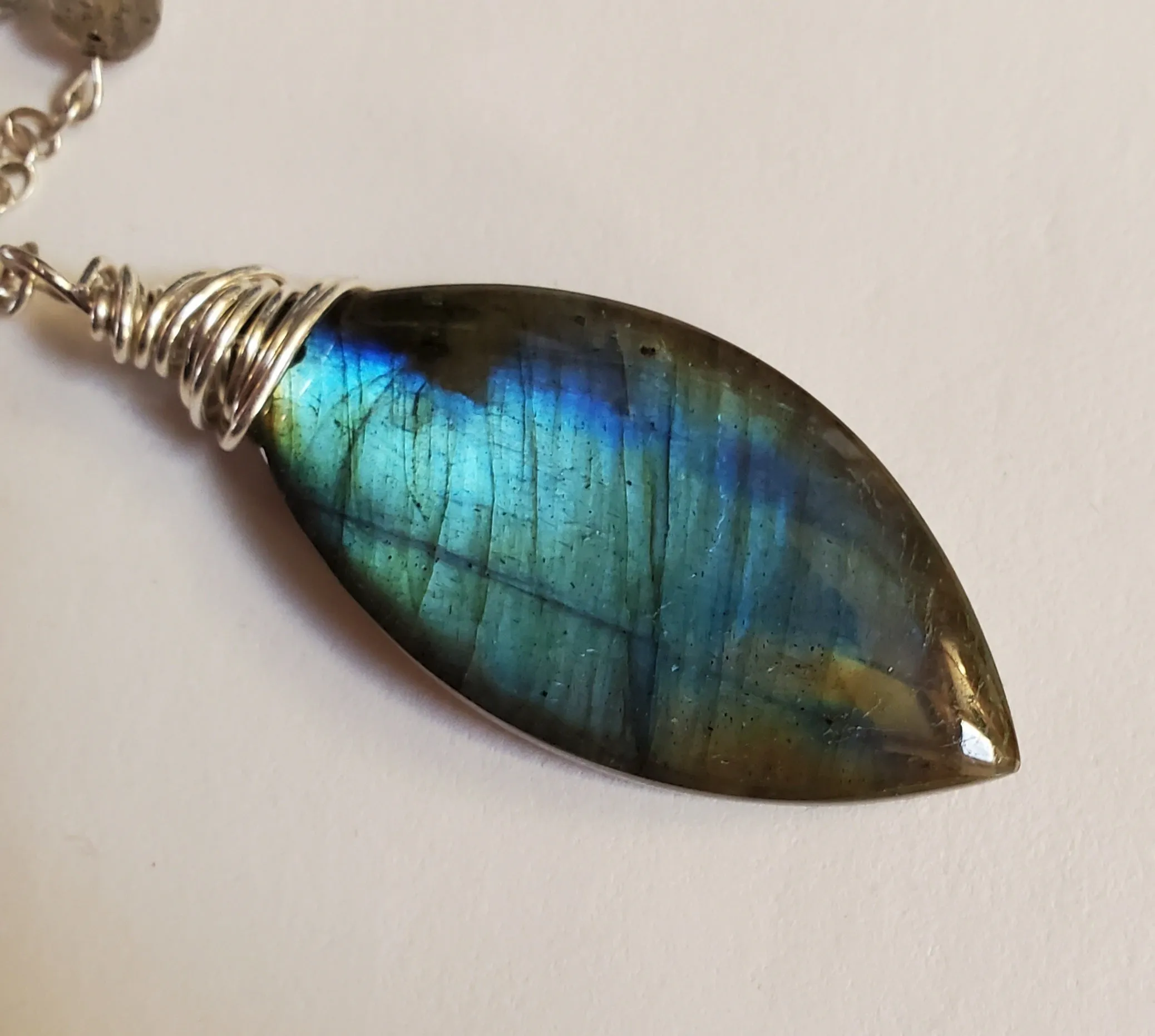 Labradorite Drop Pendant Sterling Silver Beaded Station Necklace