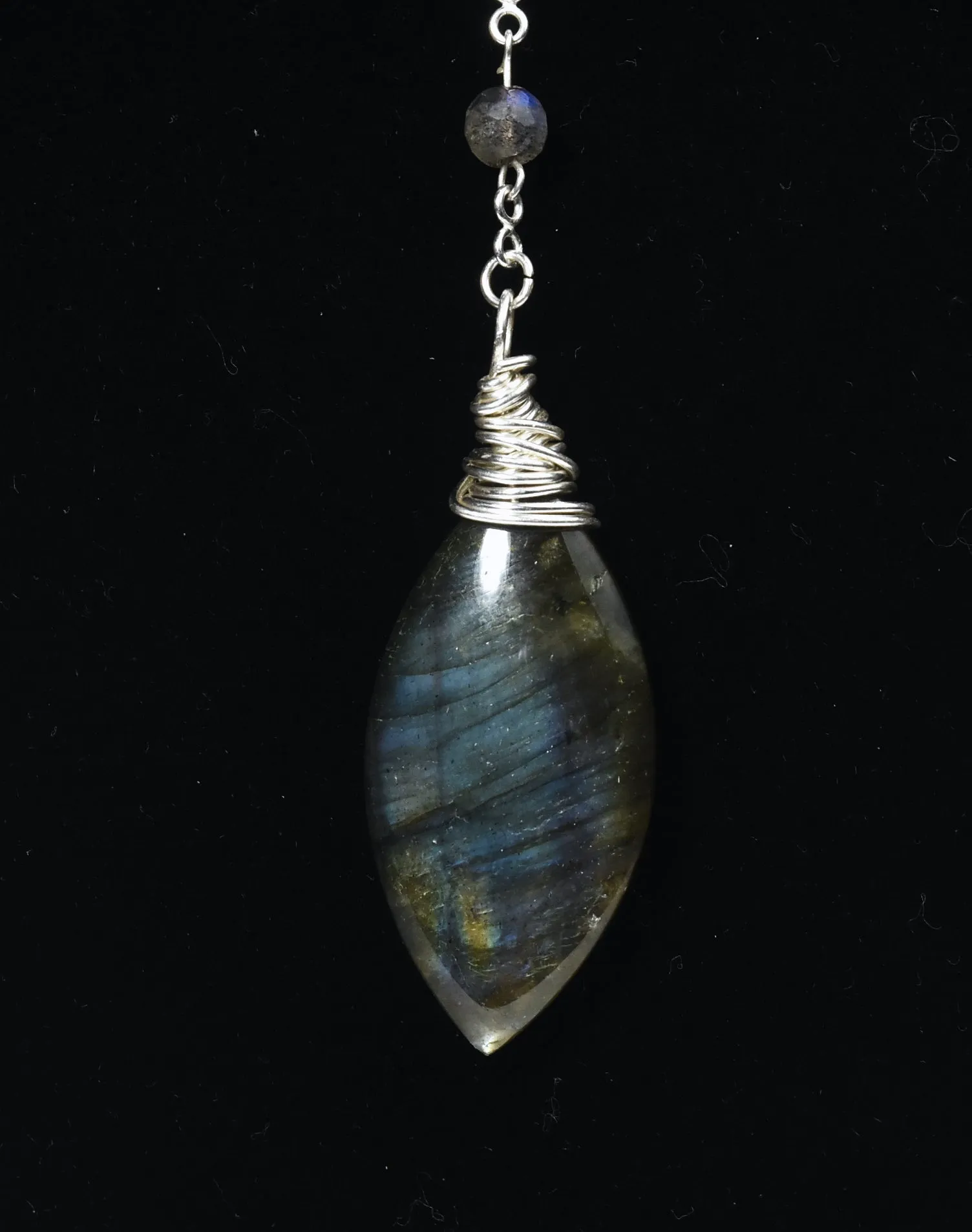 Labradorite Drop Pendant Sterling Silver Beaded Station Necklace