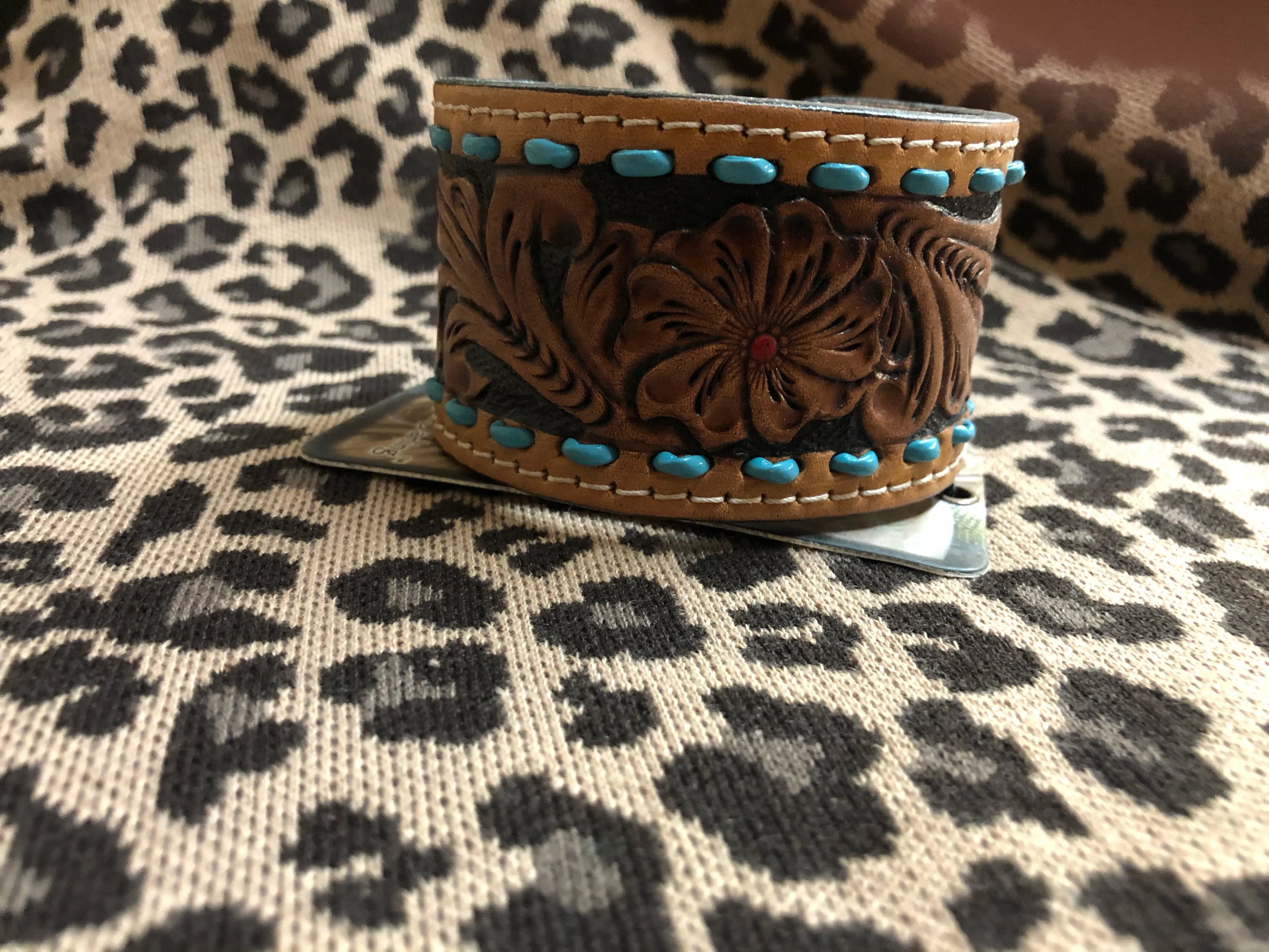 Leather Wide Flower Tooled Bracelet