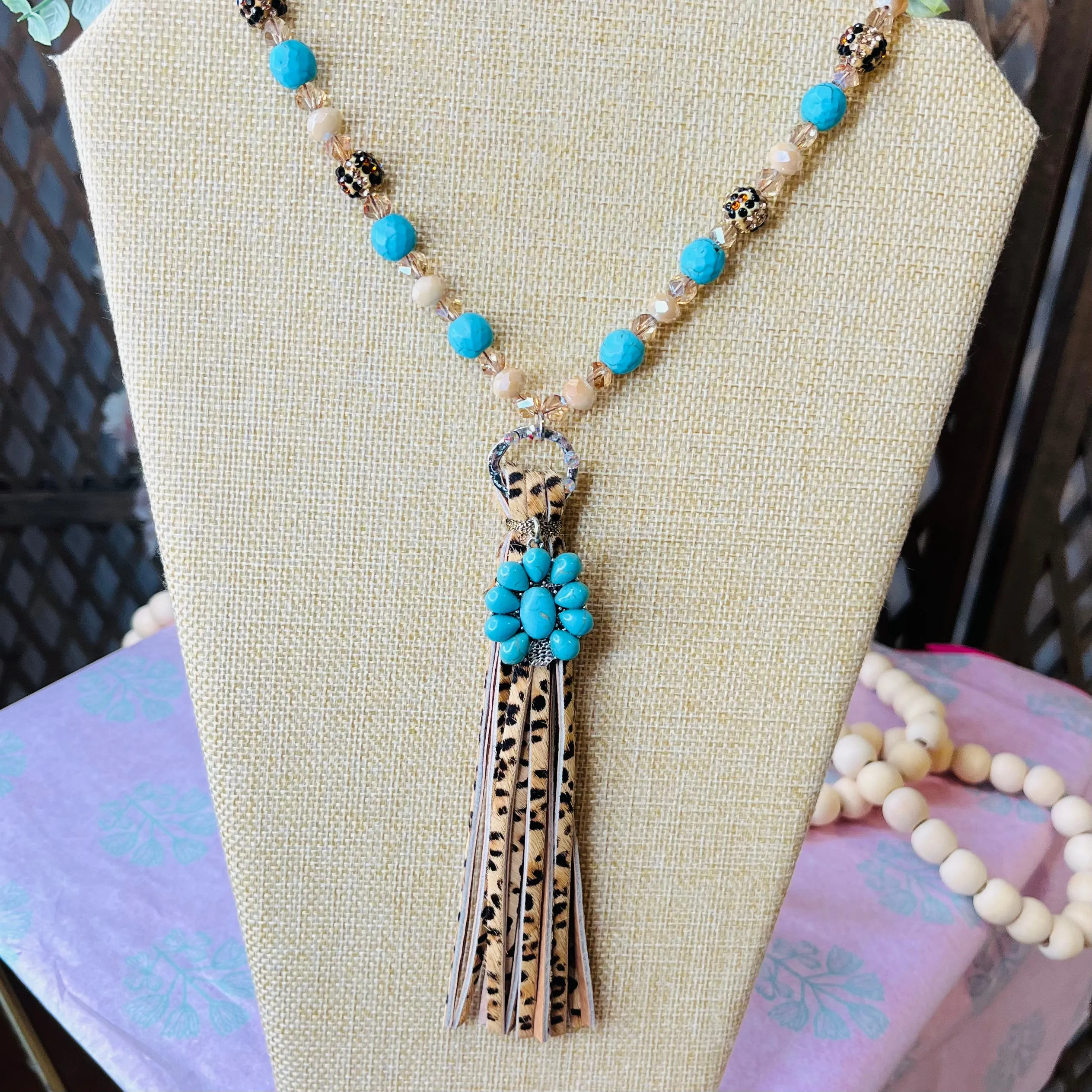 long beaded chain tassel necklace: teal and brown