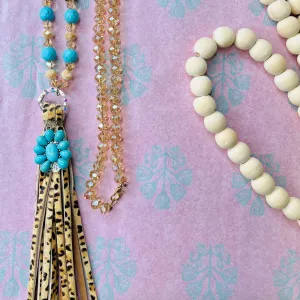 long beaded chain tassel necklace: teal and brown