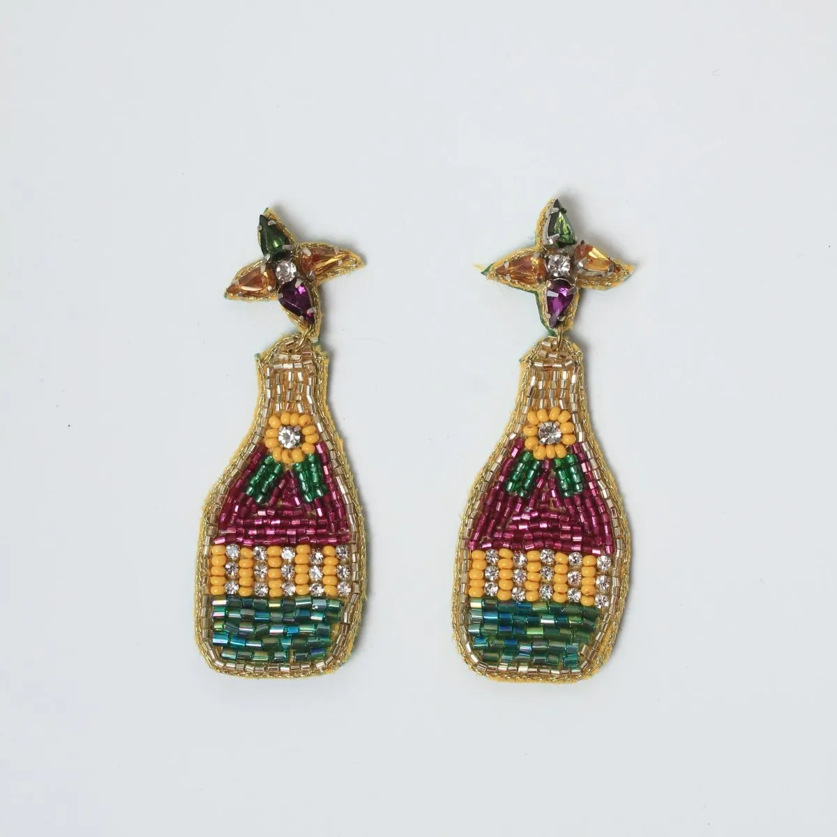 Mardi Gras Champagne Bottle Beaded Earrings with Rhinestones Top