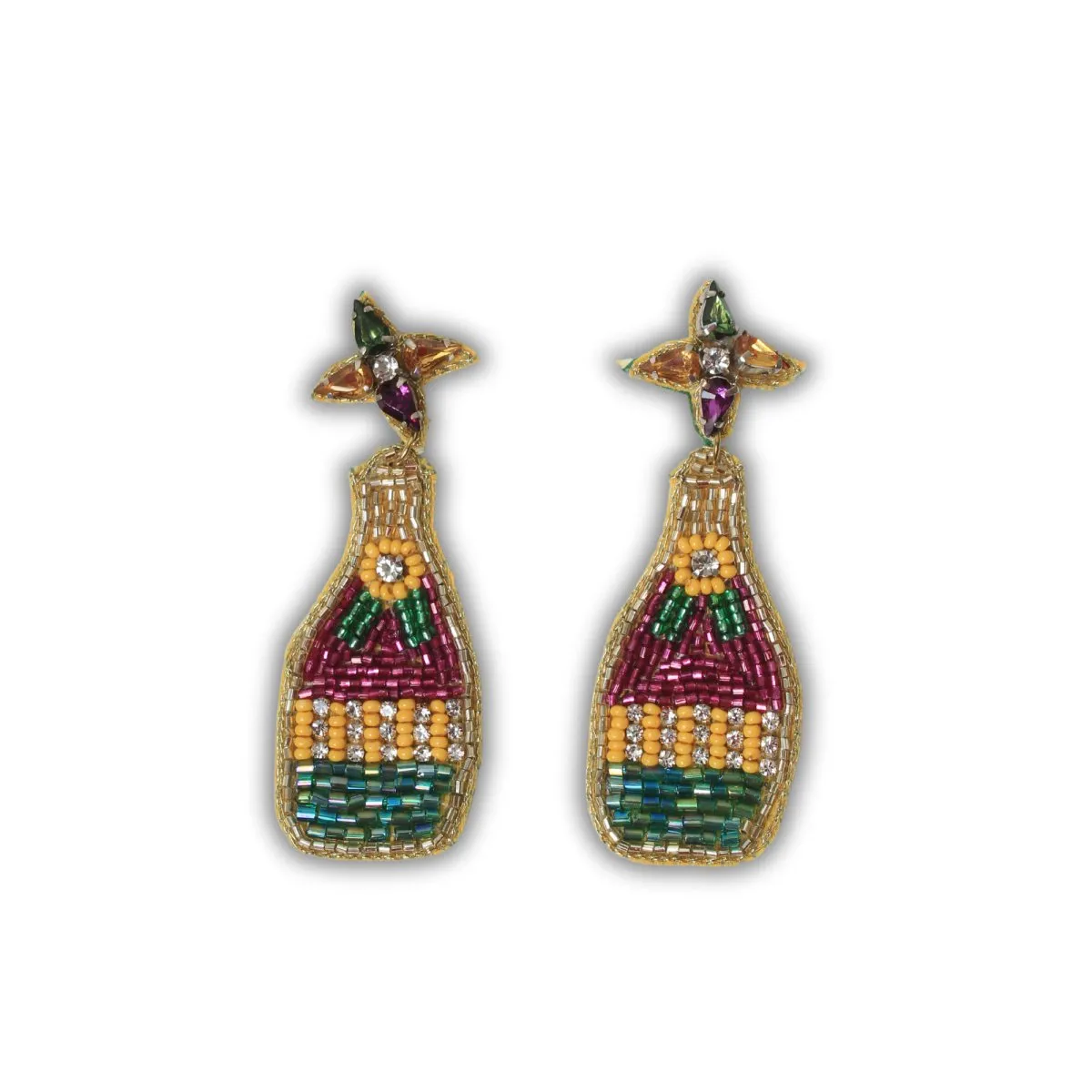 Mardi Gras Champagne Bottle Beaded Earrings with Rhinestones Top