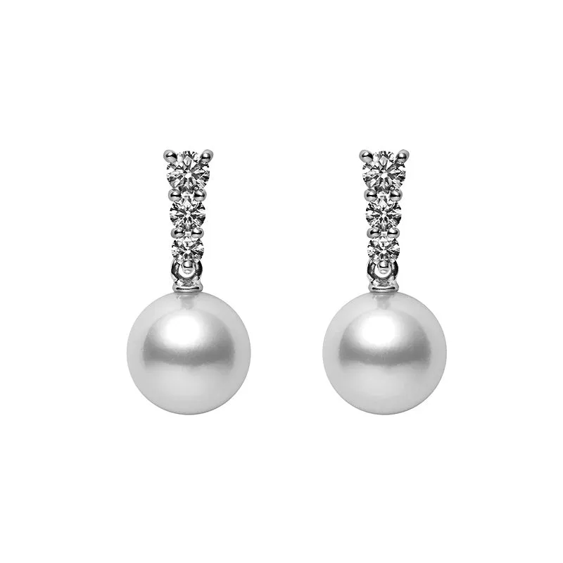 Mikimoto 18K White Gold Diamond & 7.5mm Pearl Dangle Earrings