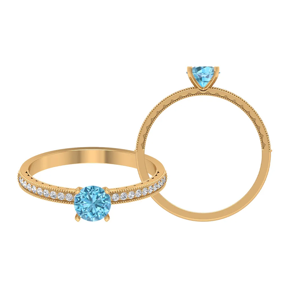 Milgrain Swiss Blue Topaz Engagement Ring with Diamond