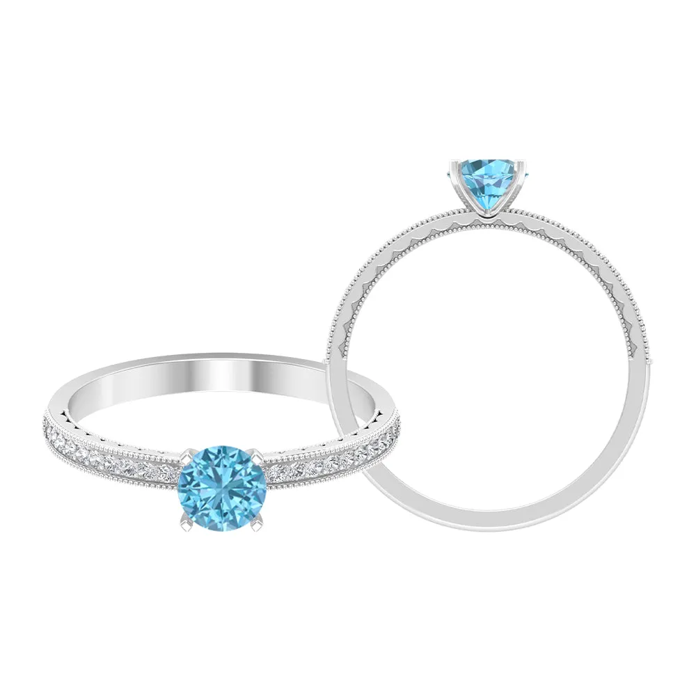 Milgrain Swiss Blue Topaz Engagement Ring with Diamond