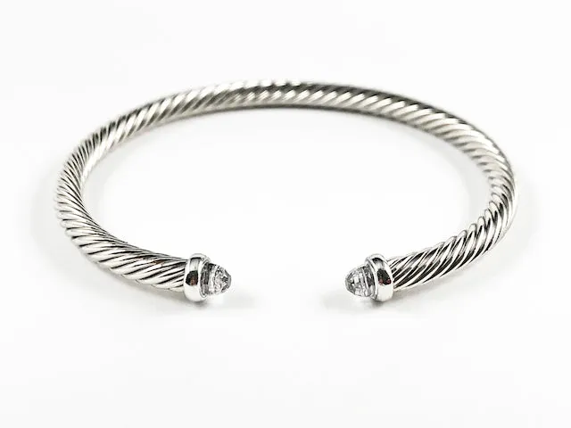 Modern Thin Cable Wire Texture With Dainty Crystal Duo Ends Brass Cuff Bangle