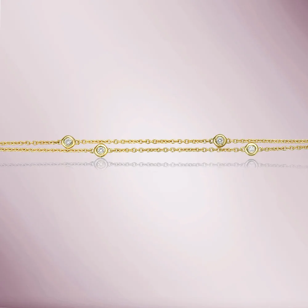 Multiway 9 Stone Diamond By The Yard Necklace / Double Wrap Bracelet (0.13 ct.) Bezel Set in 14K Gold