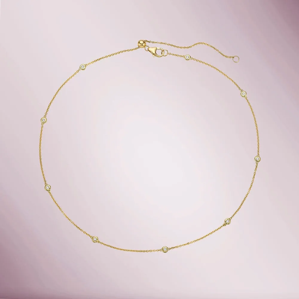 Multiway 9 Stone Diamond By The Yard Necklace / Double Wrap Bracelet (0.13 ct.) Bezel Set in 14K Gold