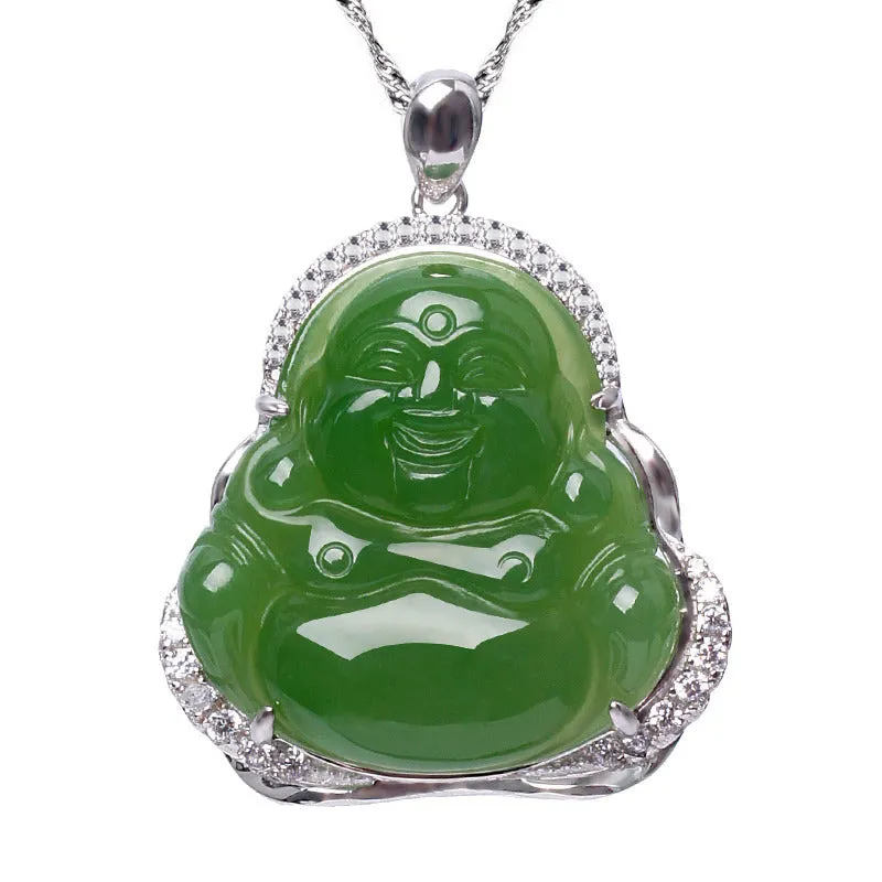 Natural Jade Buddha Pendant Nephrite Silver Zircon Pendant ZPT196