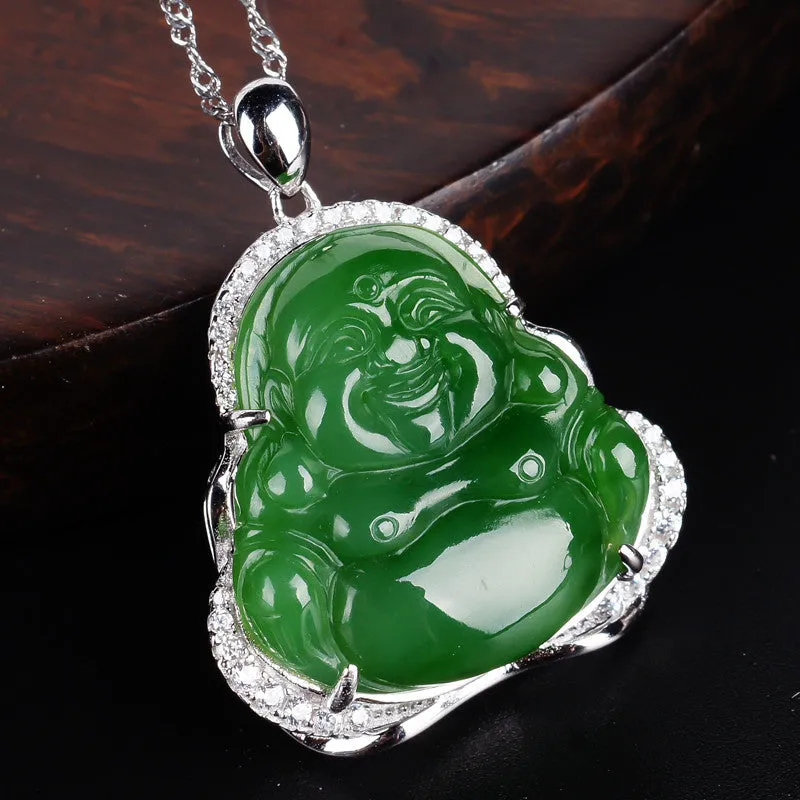 Natural Jade Buddha Pendant Nephrite Silver Zircon Pendant ZPT196