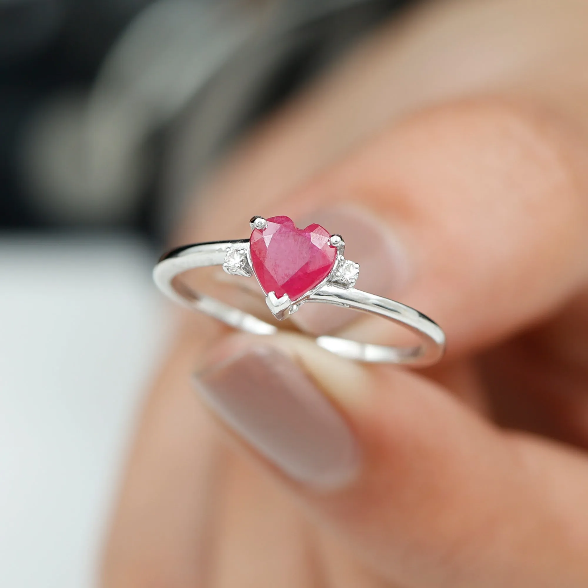 Natural Ruby Heart Solitaire Promise Ring with Diamond