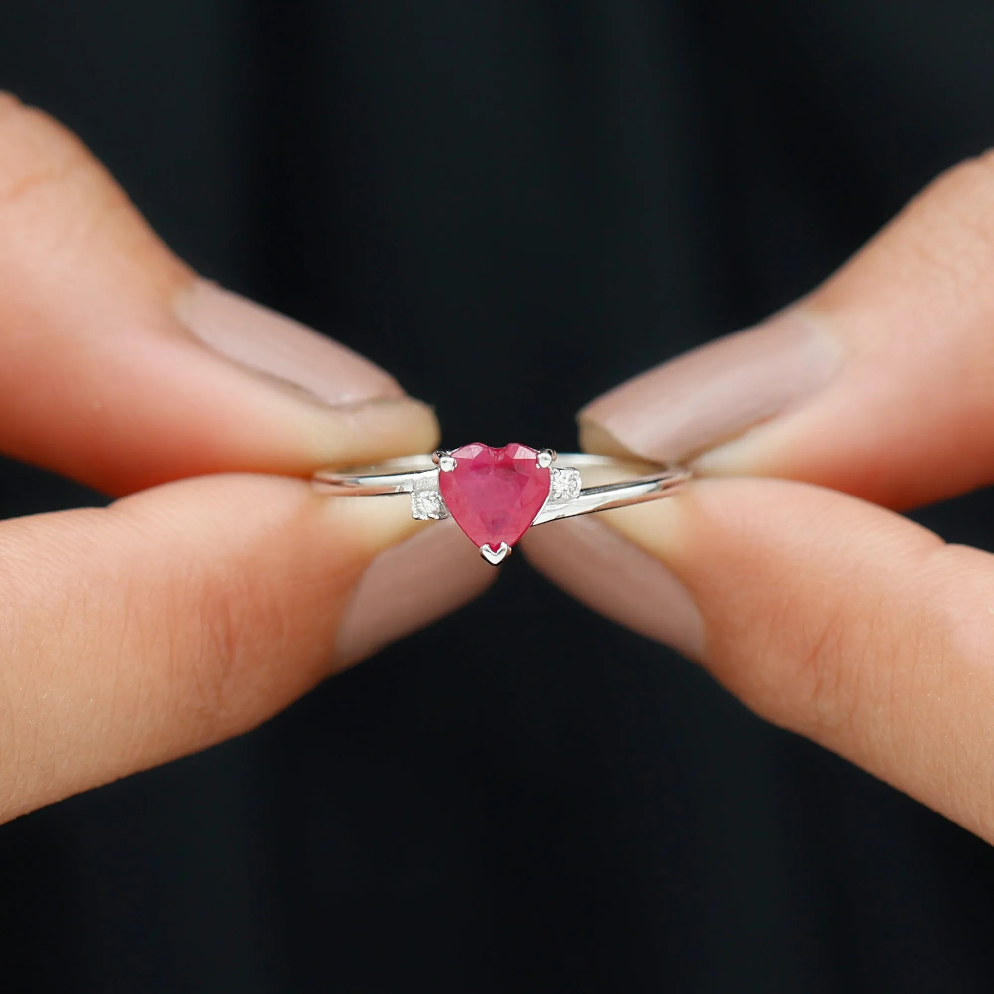 Natural Ruby Heart Solitaire Promise Ring with Diamond