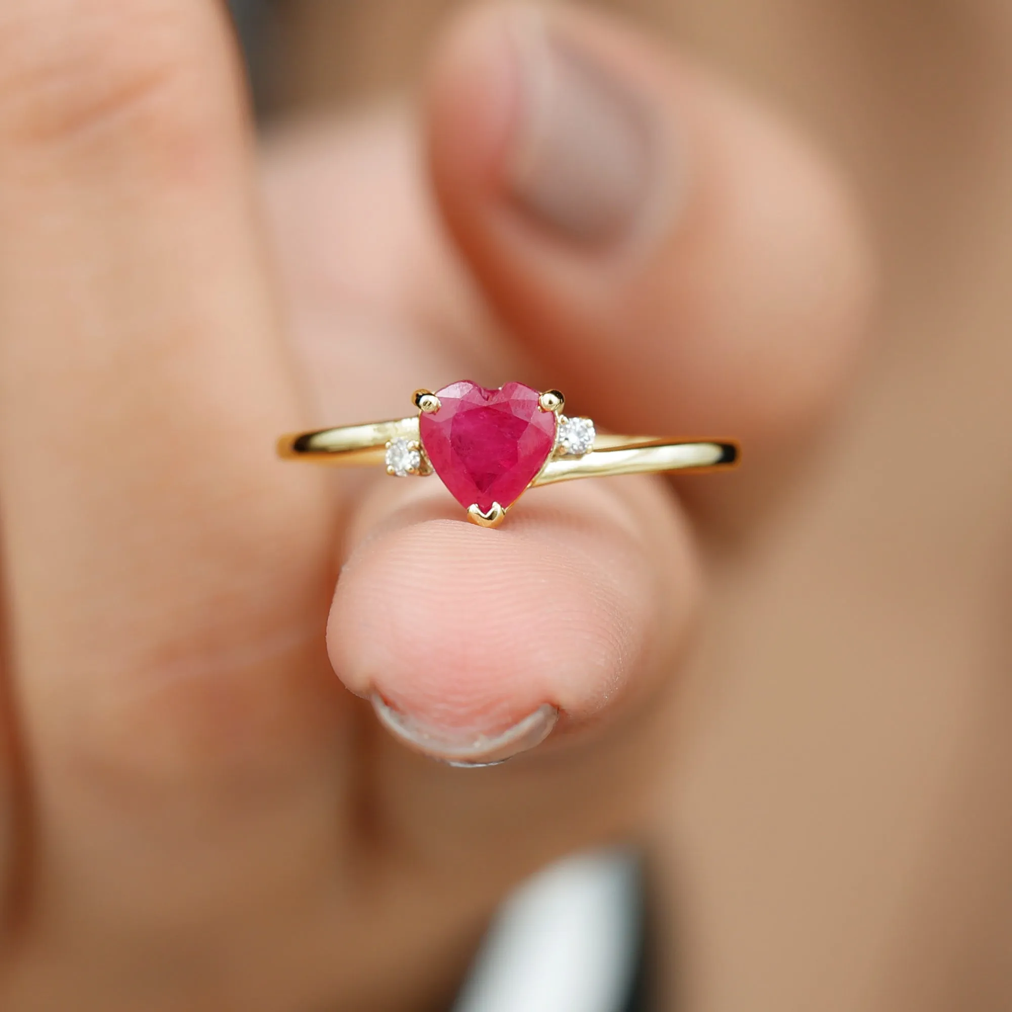 Natural Ruby Heart Solitaire Promise Ring with Diamond