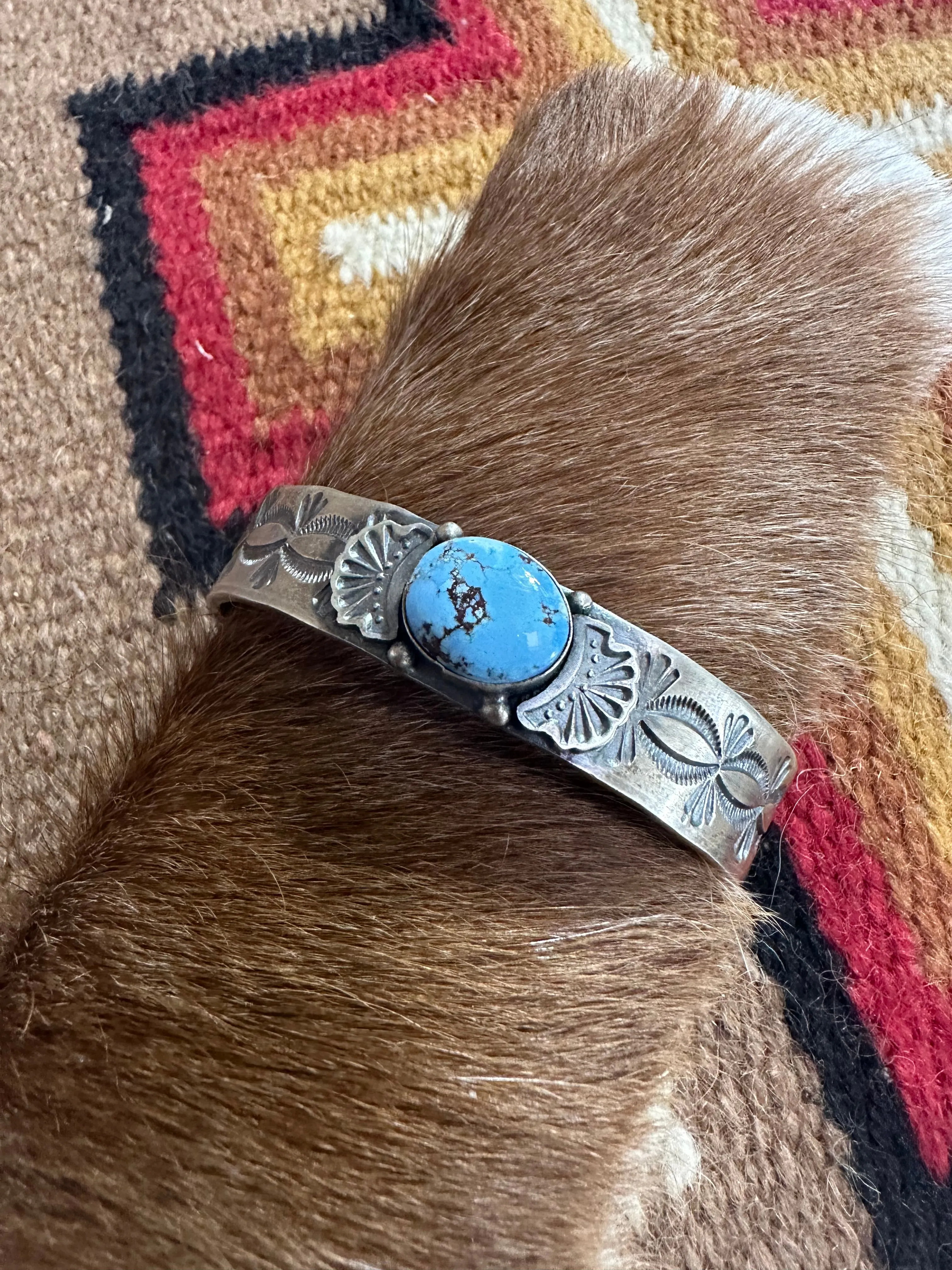 Navajo Golden Hill Turquoise & Sterling Silver Cuff Bracelet Signed S.Tso