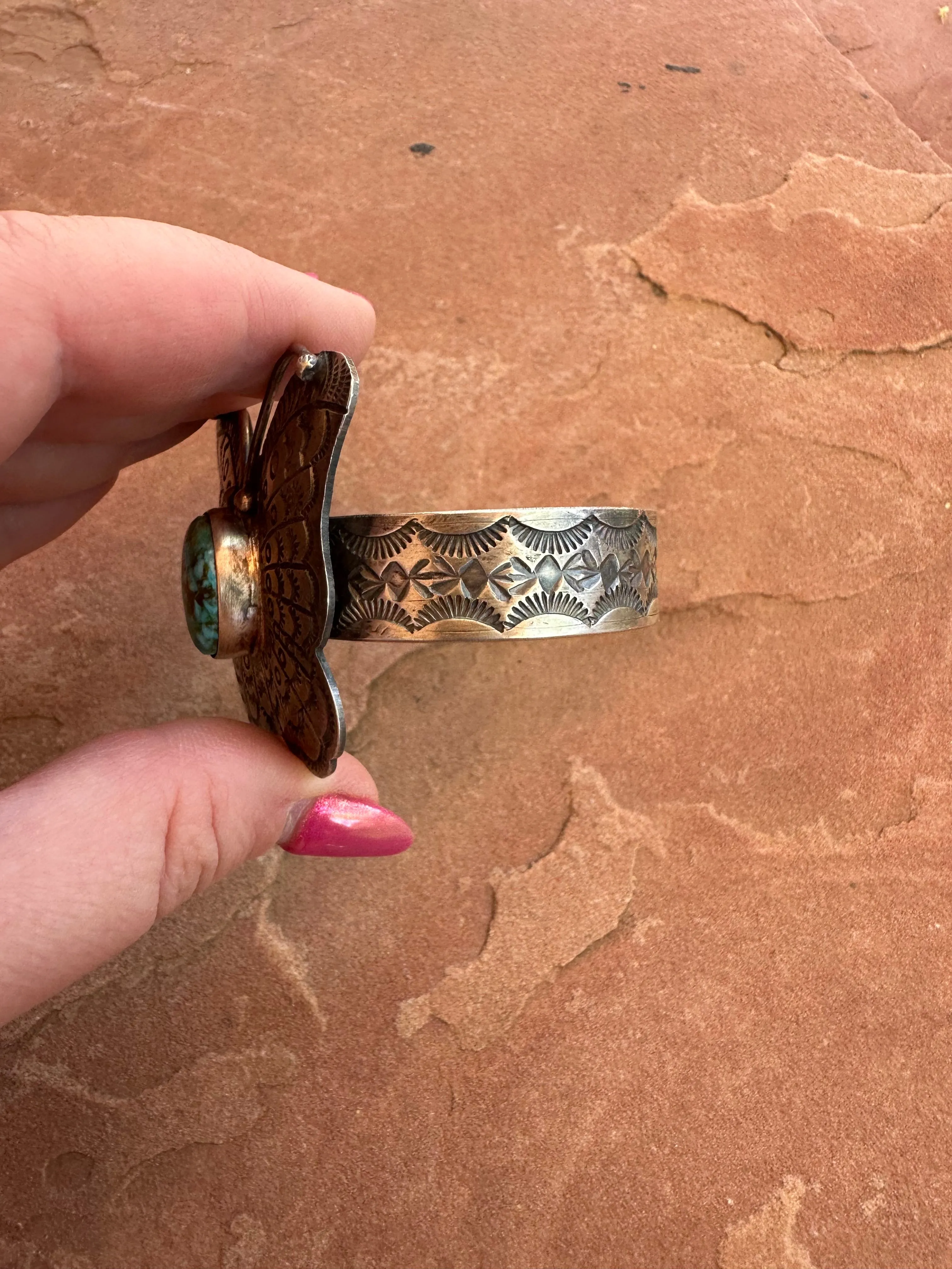 Navajo Turquoise & Sterling Silver Butterfly Cuff Bracelet Signed B Johnson