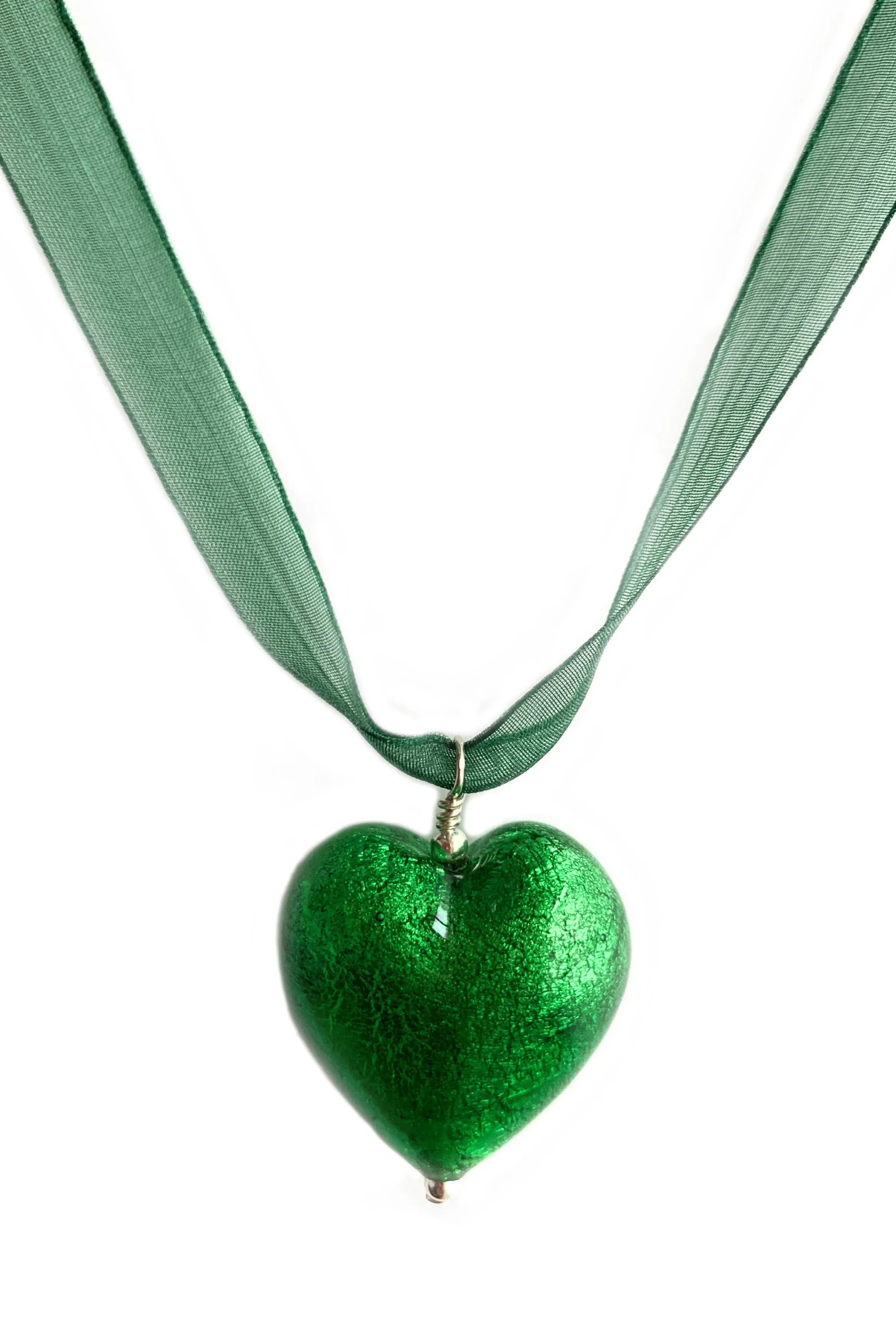 Necklace with dark green (emerald) Murano glass large heart pendant on organza ribbon