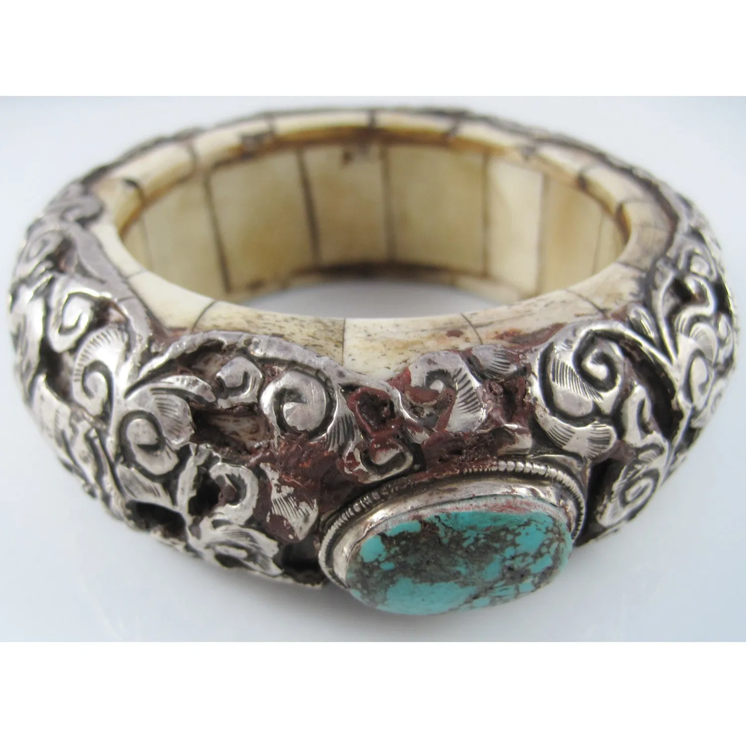 Nepal Bone Repousse Silver and Turquoise Bangle