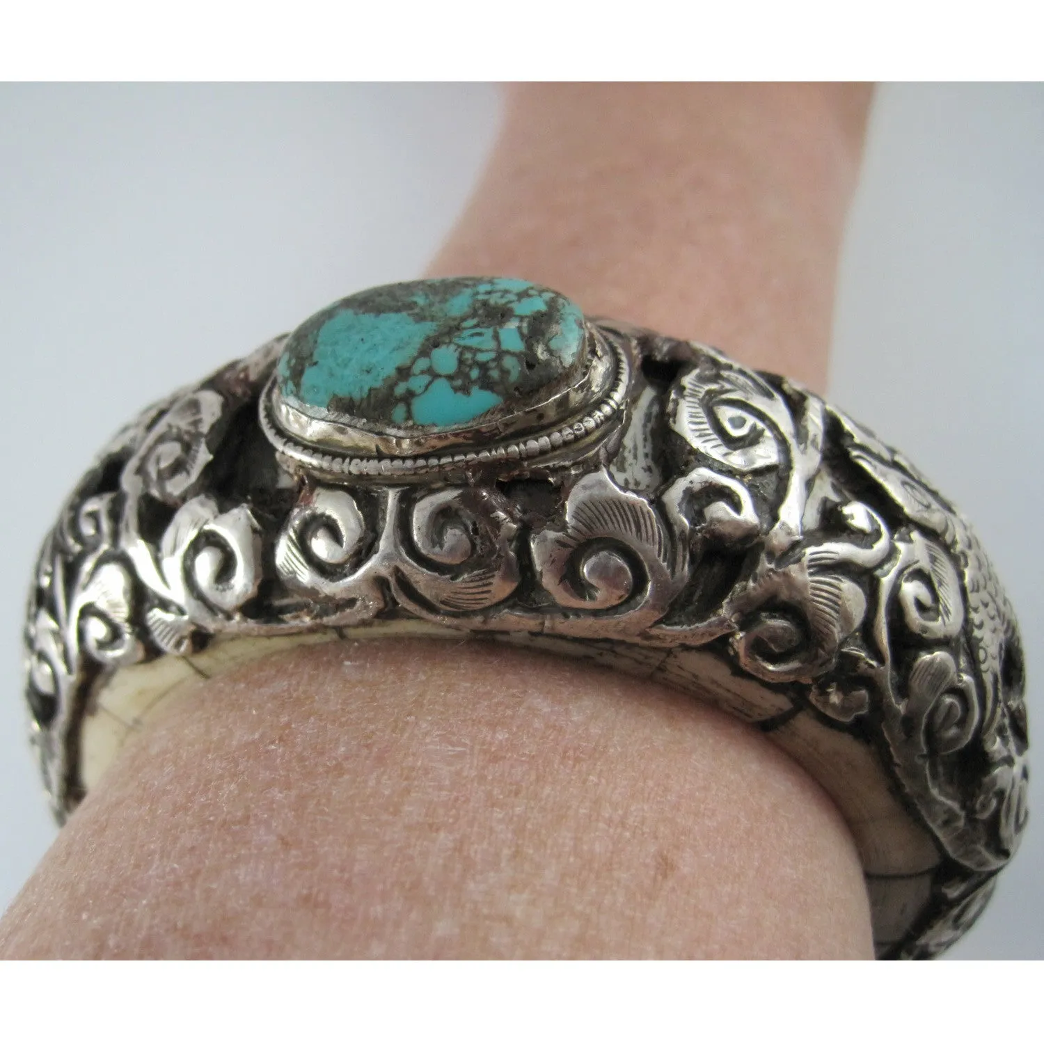 Nepal Bone Repousse Silver and Turquoise Bangle