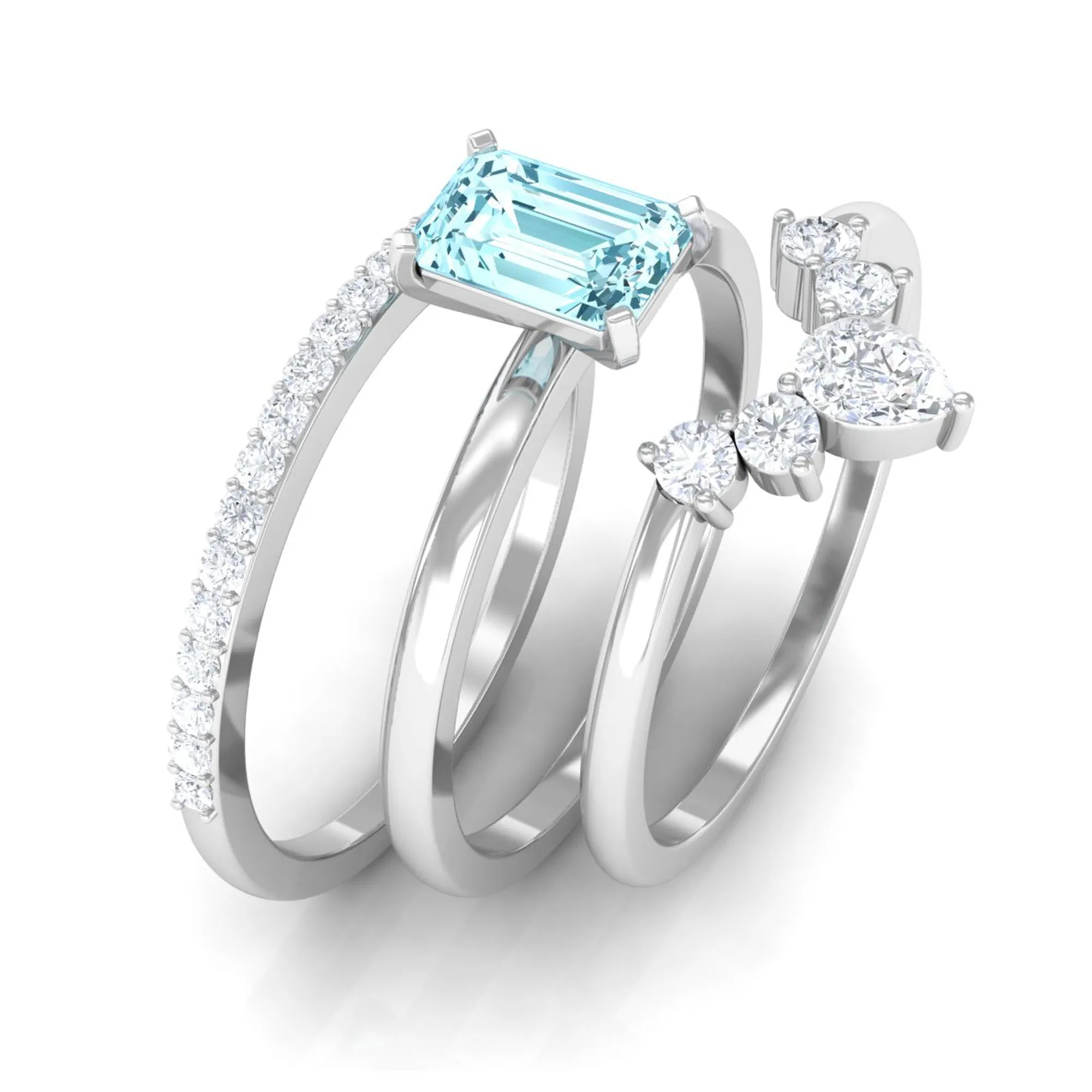 Octagon Aquamarine Solitaire Ring Set of 3 with Diamond