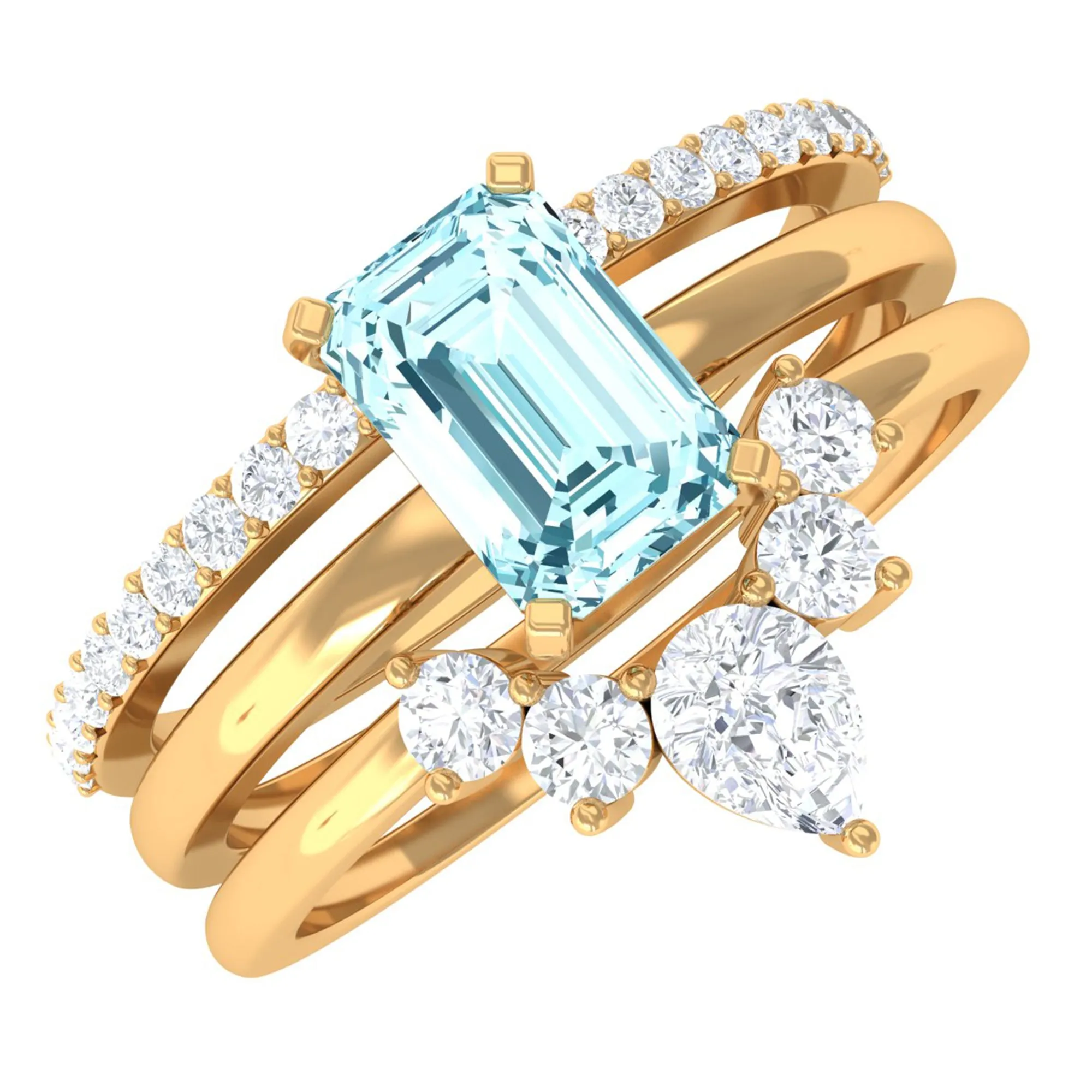 Octagon Aquamarine Solitaire Ring Set of 3 with Diamond