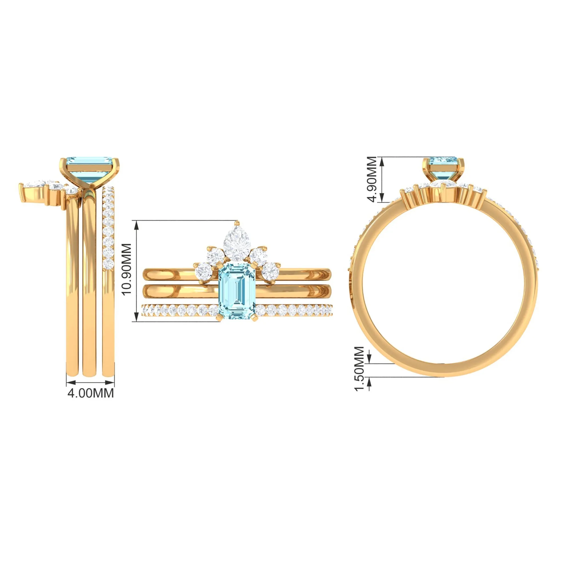 Octagon Aquamarine Solitaire Ring Set of 3 with Diamond