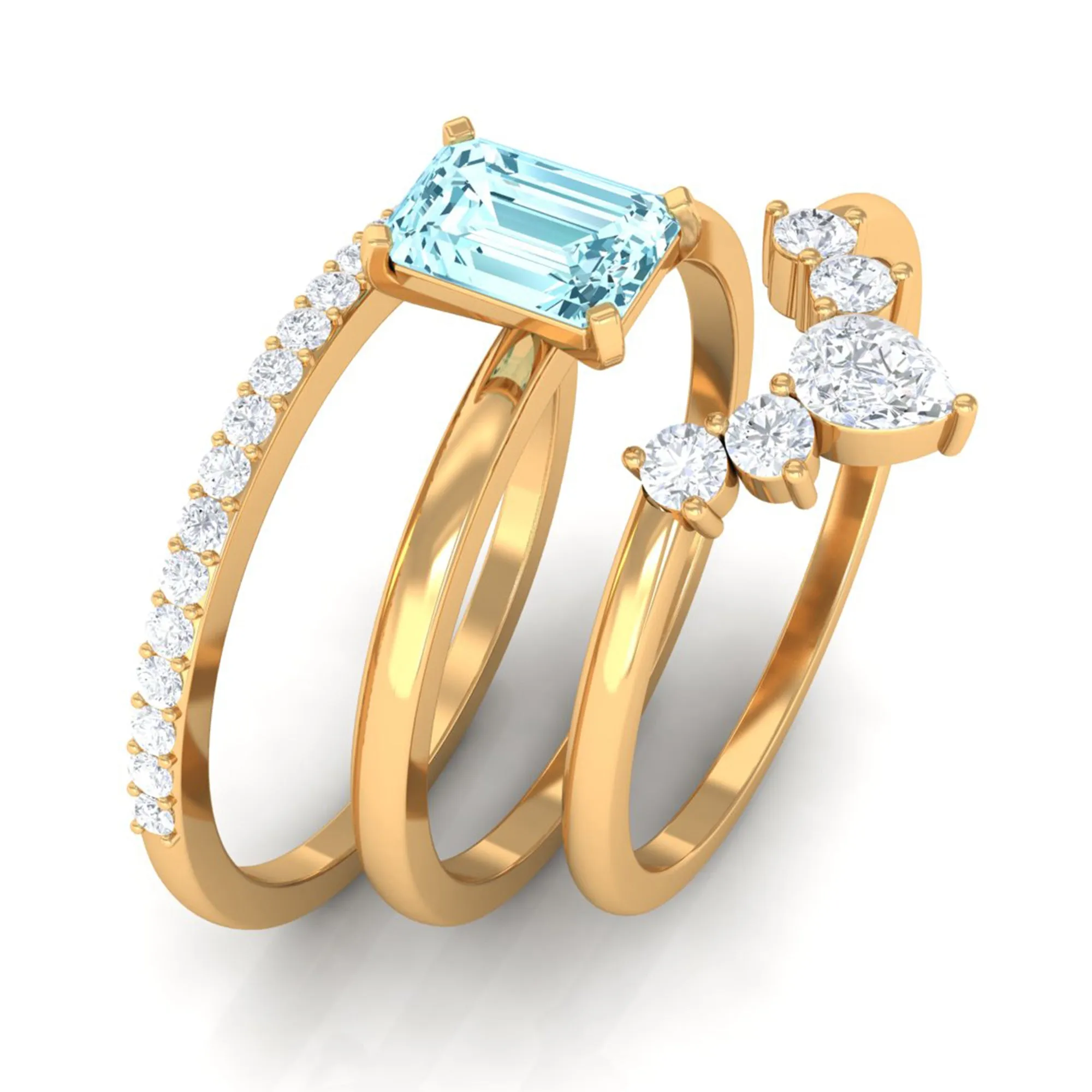 Octagon Aquamarine Solitaire Ring Set of 3 with Diamond