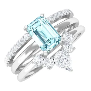 Octagon Aquamarine Solitaire Ring Set of 3 with Diamond