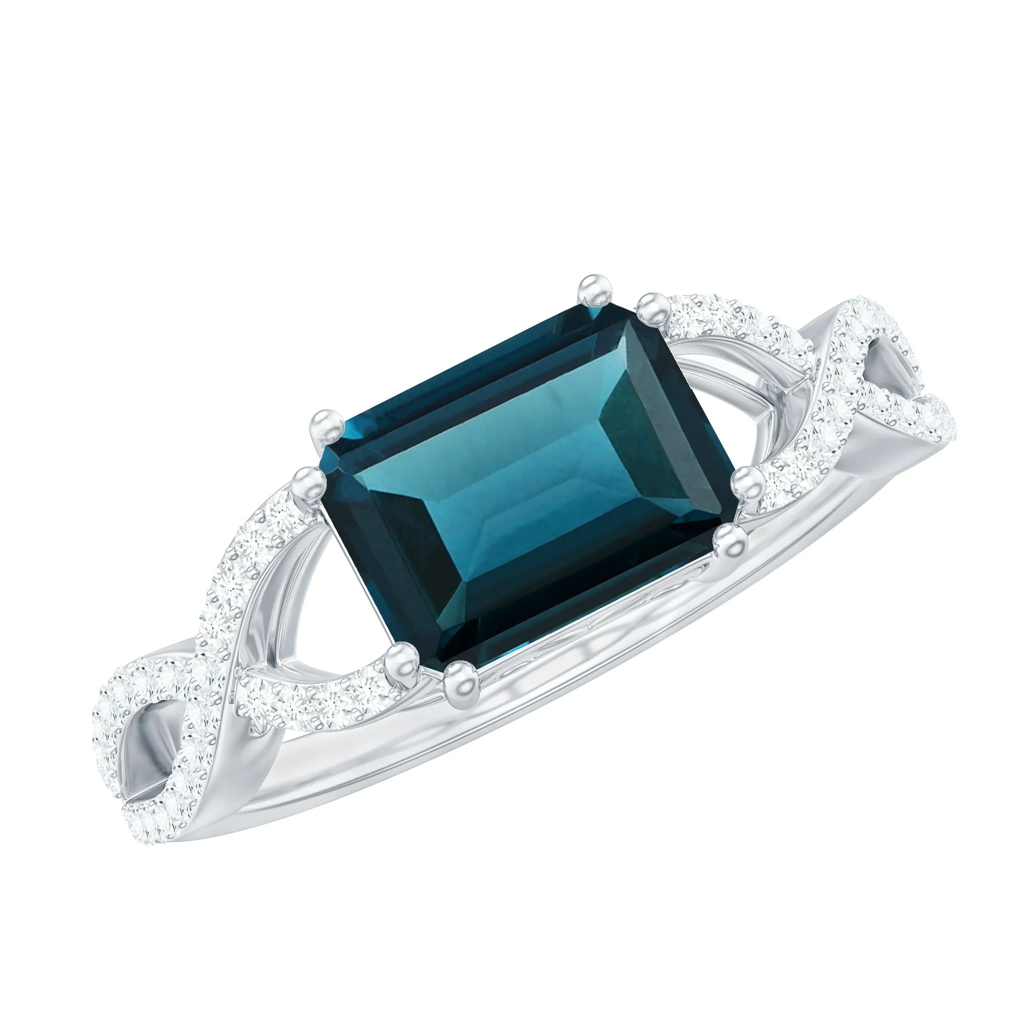 Octagon London Blue Topaz East-West Crossover Ring with Diamond