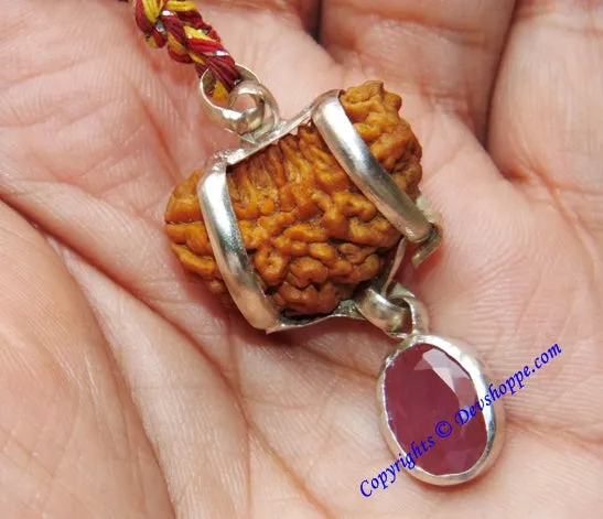 One Faced Rudraksha (1 Mukhi) Silver Pendant with Ruby Gemstone