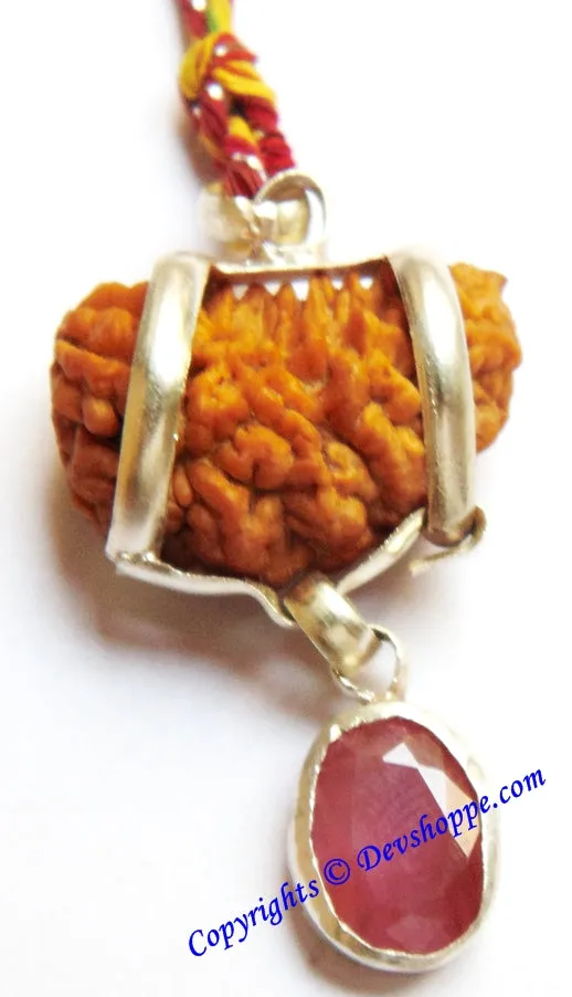 One Faced Rudraksha (1 Mukhi) Silver Pendant with Ruby Gemstone