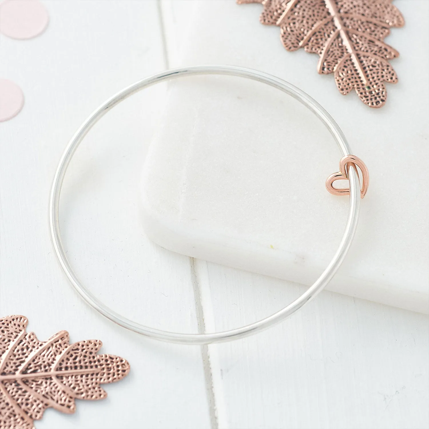 Open Heart Silver & Rose Gold Charm Bangle