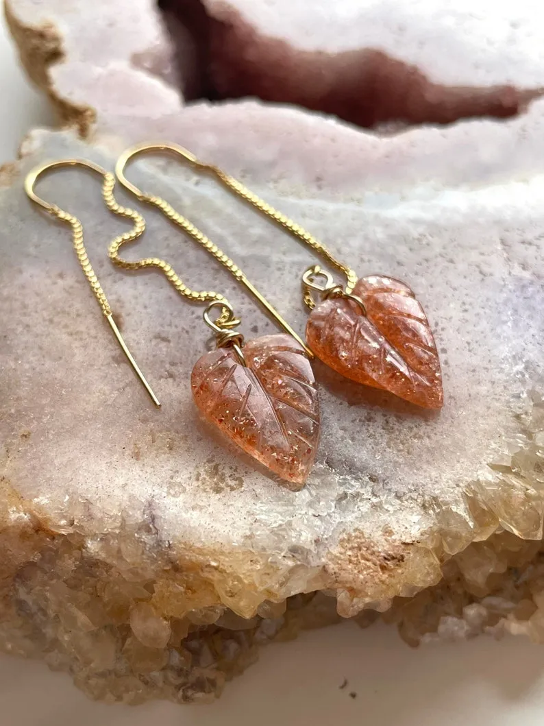 Orange Sunstone Gold Filled Statement Crystal Gemstone Threader Earrings