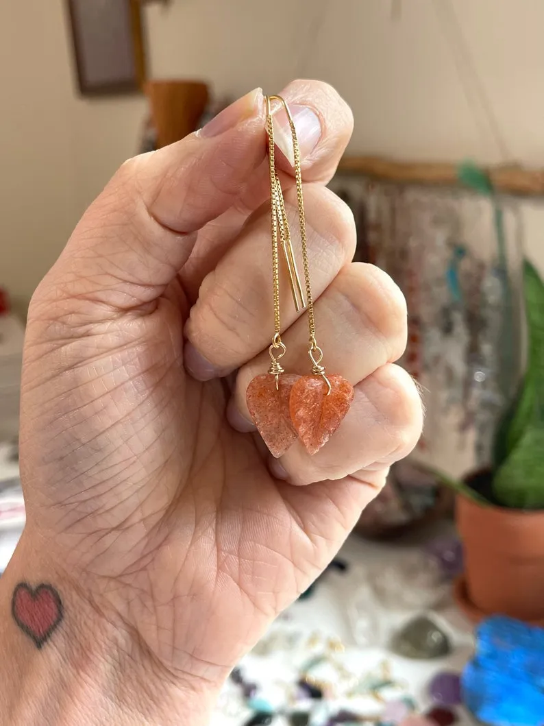 Orange Sunstone Gold Filled Statement Crystal Gemstone Threader Earrings