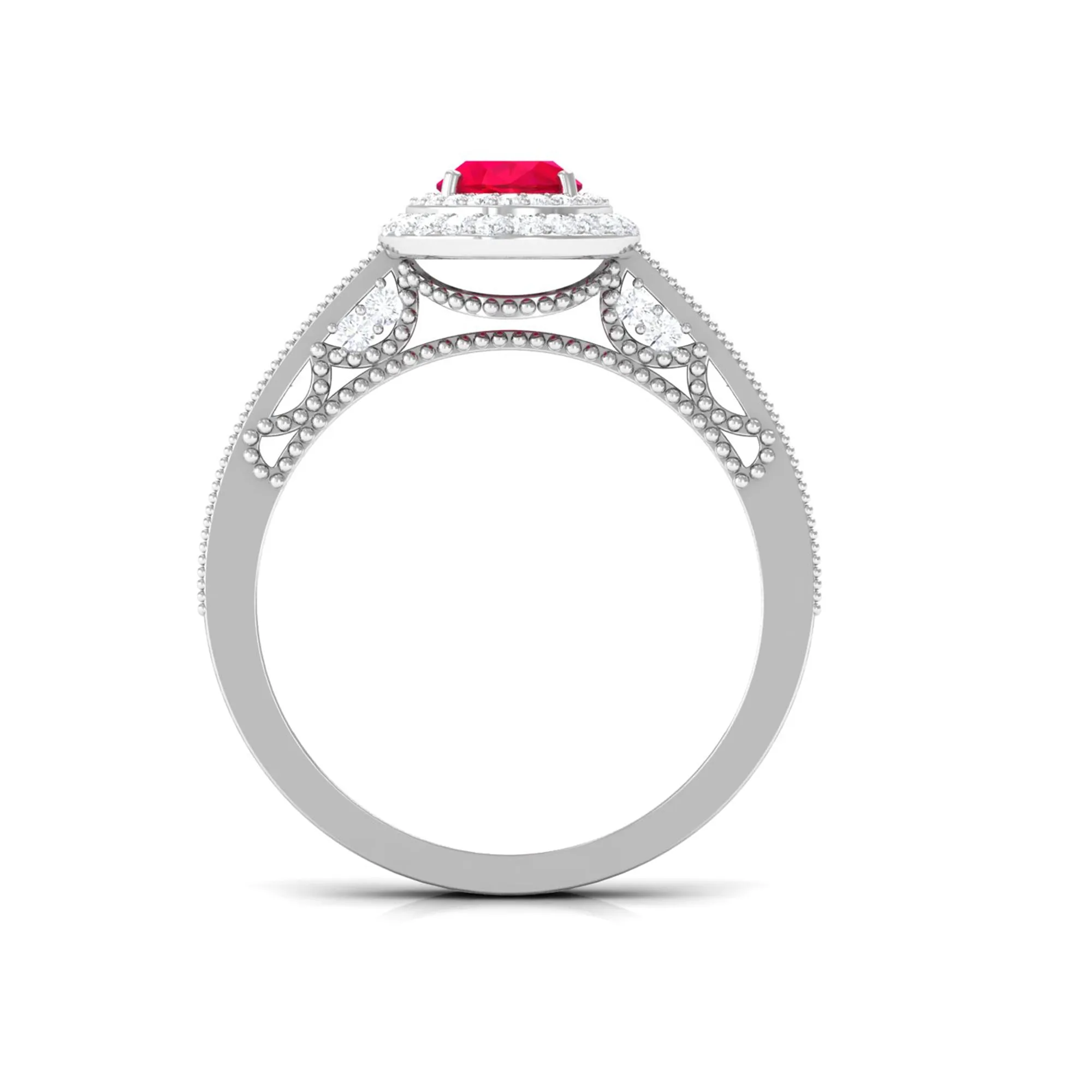 Oval Created Ruby and Diamond Double Halo Engagement Ring