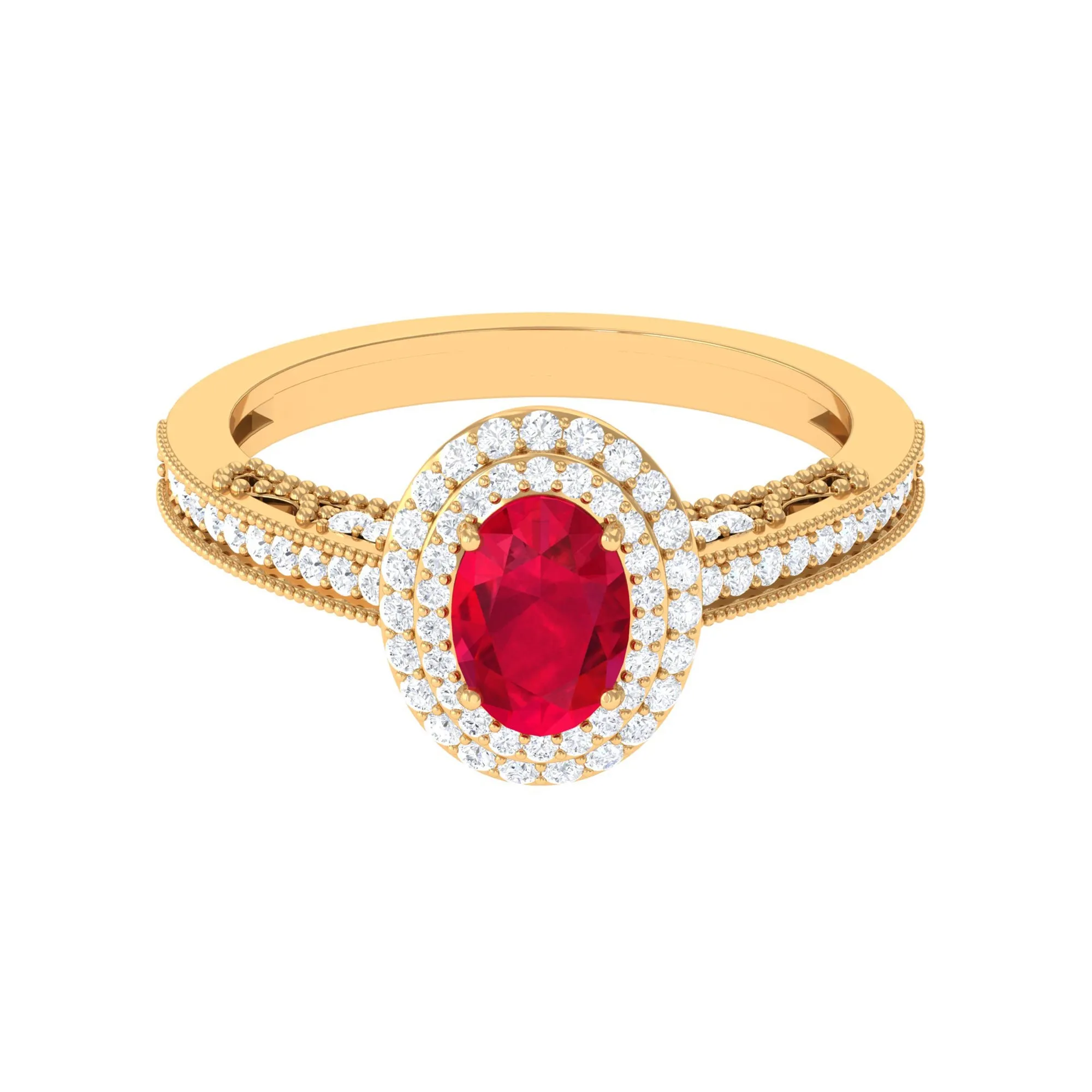 Oval Created Ruby and Diamond Double Halo Engagement Ring